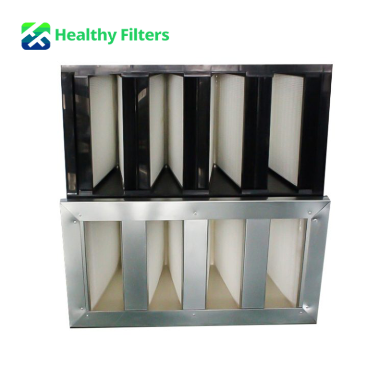 Merv 11 12 13 14 15 ABS Galvanised Metal Frame PP Fiberglass HVAC System V Bank V-Shape HEPA Air Filters03