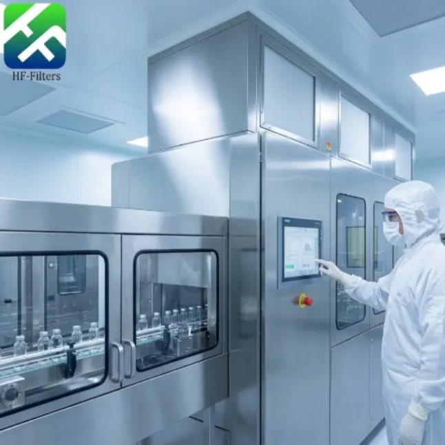 Staff in clean suit operating pharmaceutical machine.