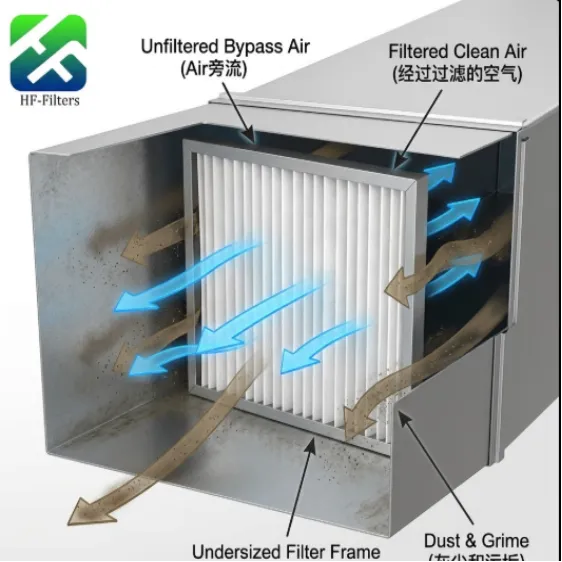 3D diagram of dirty air bypassing an undersized HVAC filter