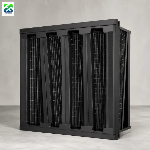 Black 4V V-bank activated carbon air filter against a light gray background