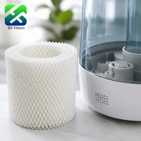 Clean white honeycomb humidifier wick filter next to an open humidifier base