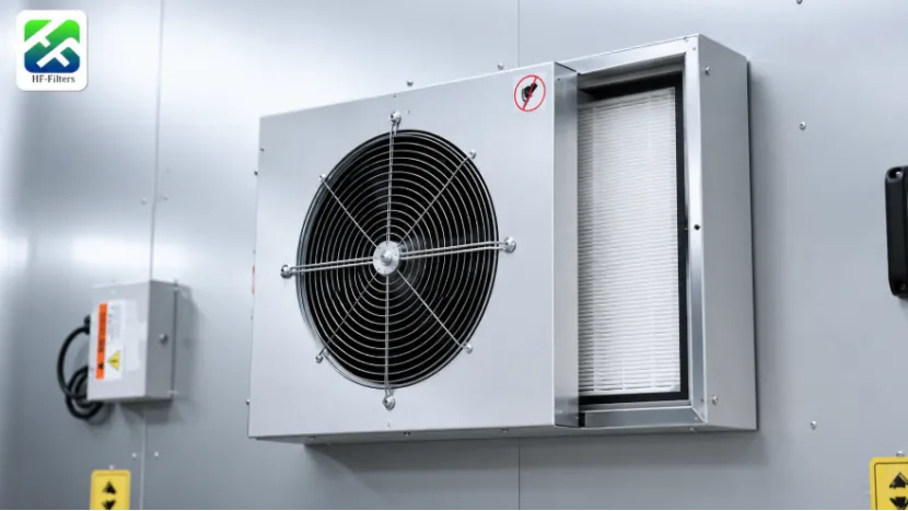 Cleanroom fan filter unit (FFU) with an installed HEPA filter
