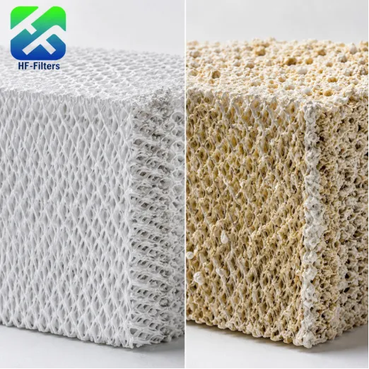 Comparison showing a clean white humidifier filter next to a crusty yellow one
