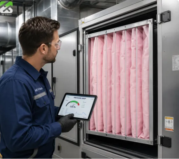 HVAC technician inspecting pink F7 bag filters in a commercial air handling unit