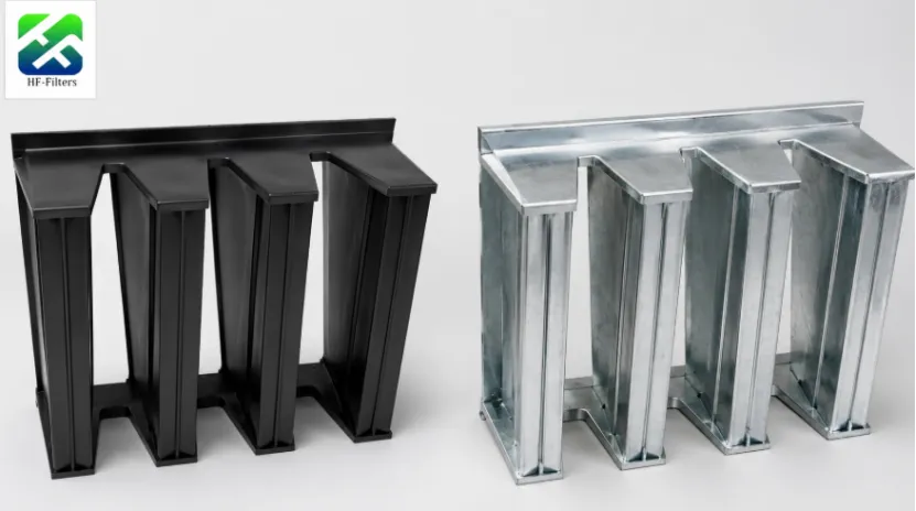 Plastic vs metal V-bank air filter frames side-by-side