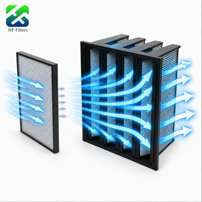 3D diagram showing blue airflow passing through industrial panel and V-bank air filters