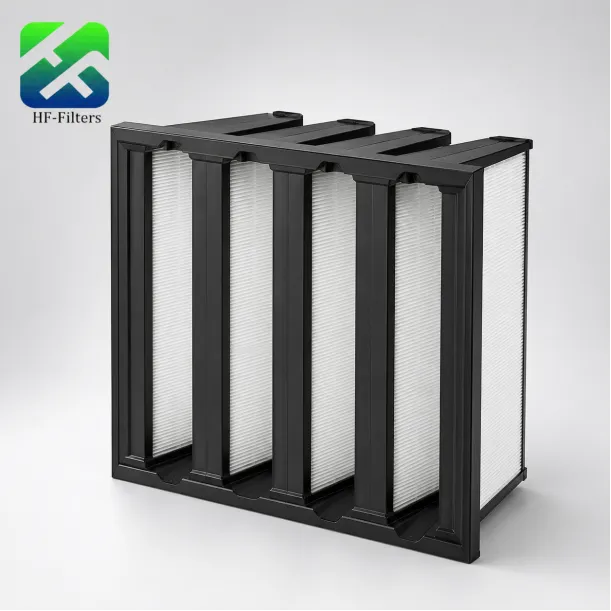 A black industrial 4V-bank compact air filter with white pleated media