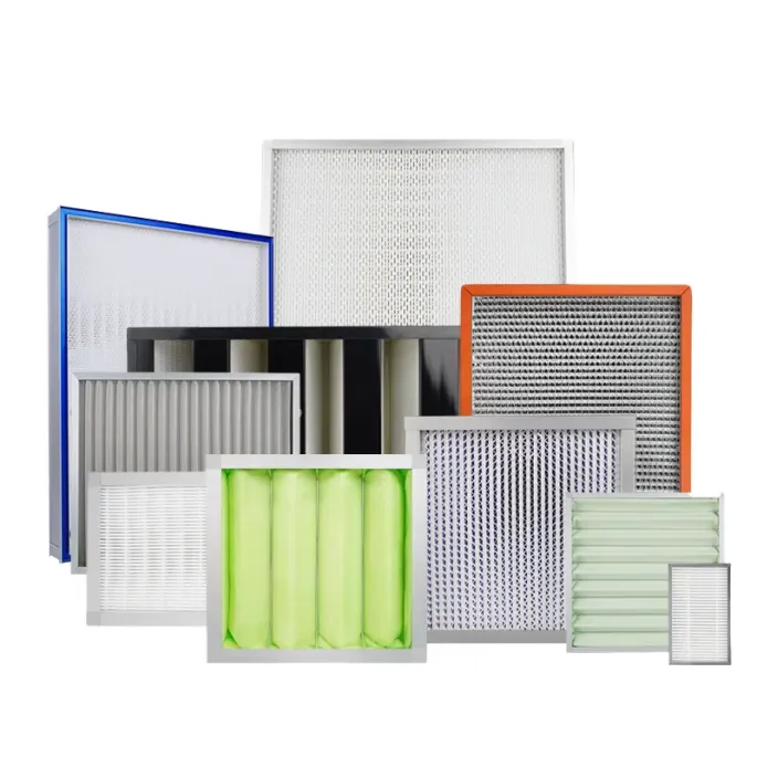 Assorted collection of commercial air filters including panel, V-bank, and green bag styles