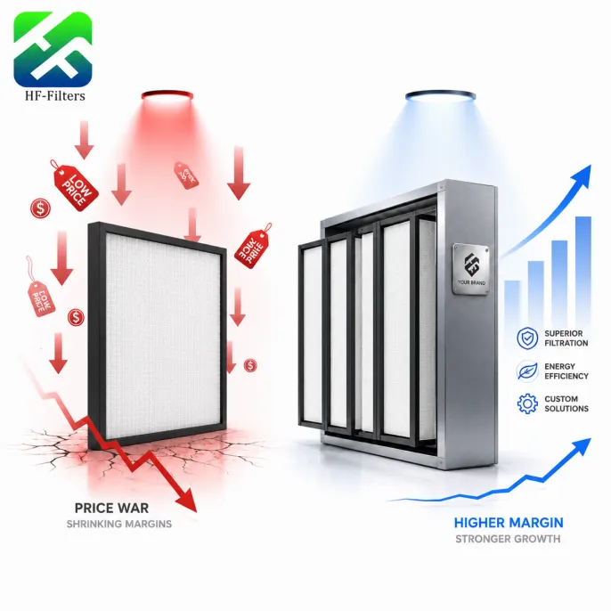 B2B market comparison chart showing a low-margin price war versus high-margin branded HVAC filter growth