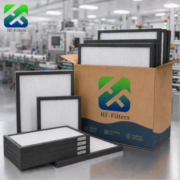Custom private label HVAC air filters packed in a branded cardboard box inside a factory