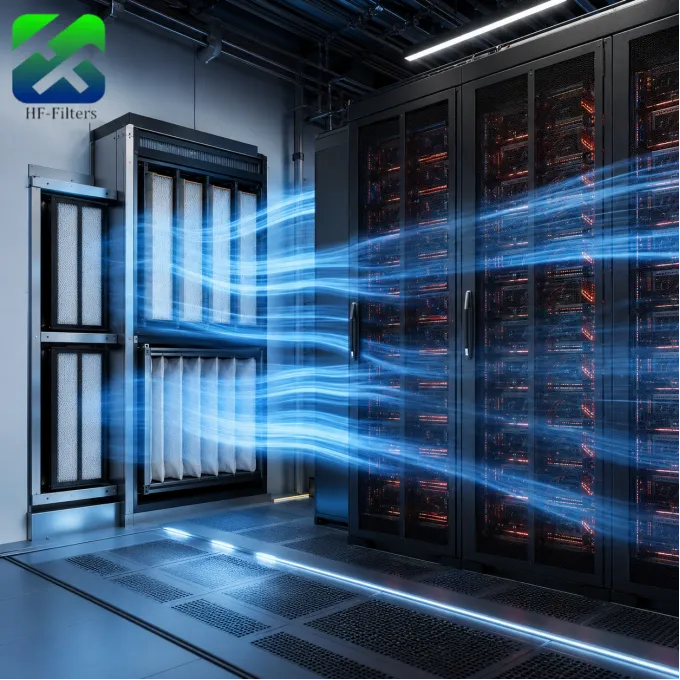 Data center server racks with filtered blue airflow