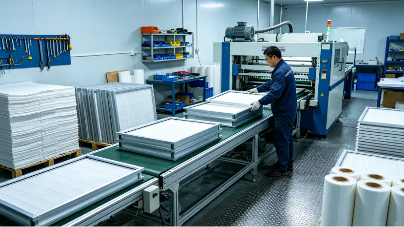 Factory worker assembling panel air filters on a conveyor belt production line