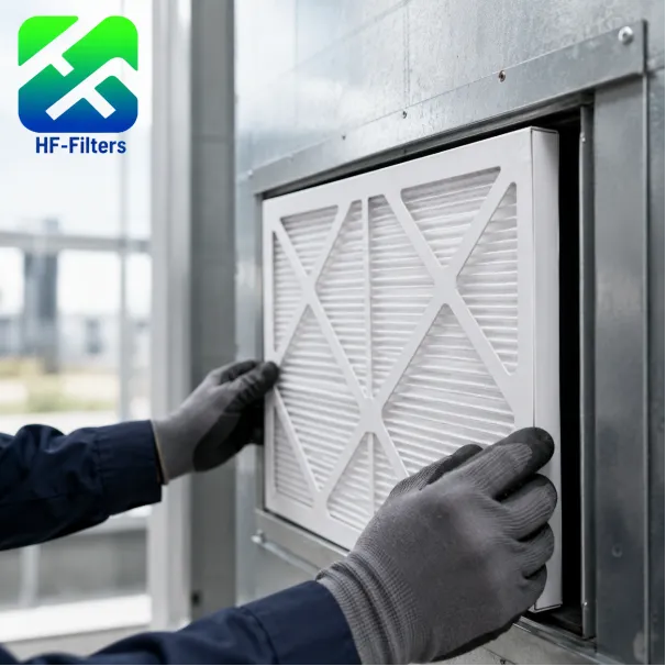 Gloved hands installing a new pleated panel air filter into a commercial HVAC unit