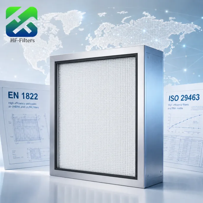 Metal-framed HEPA filter displayed with EN 1822 and ISO 29463 certification standards