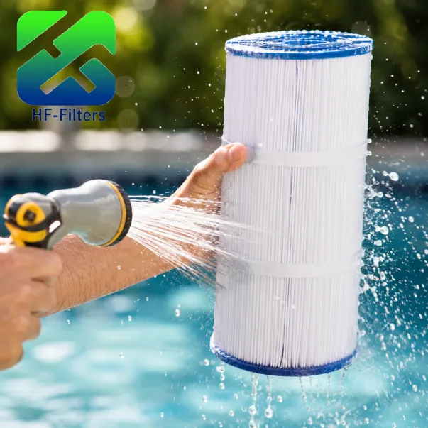Person cleaning a pleated pool filter cartridge with a garden hose