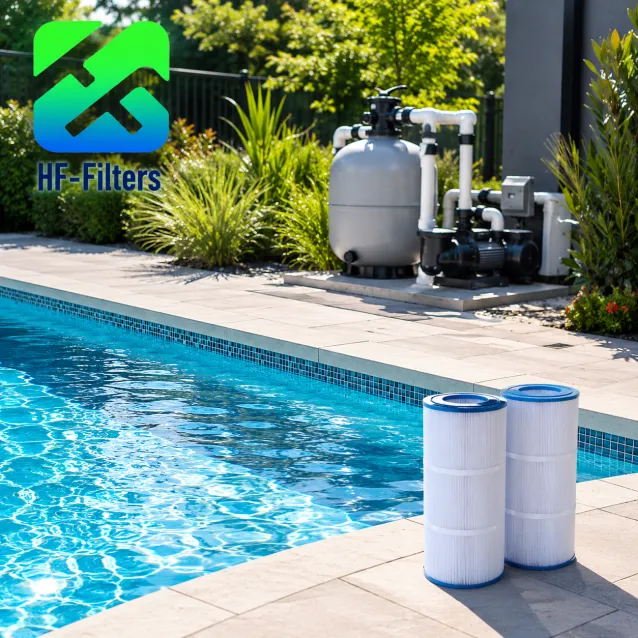Two pleated pool filter cartridges on a swimming pool deck