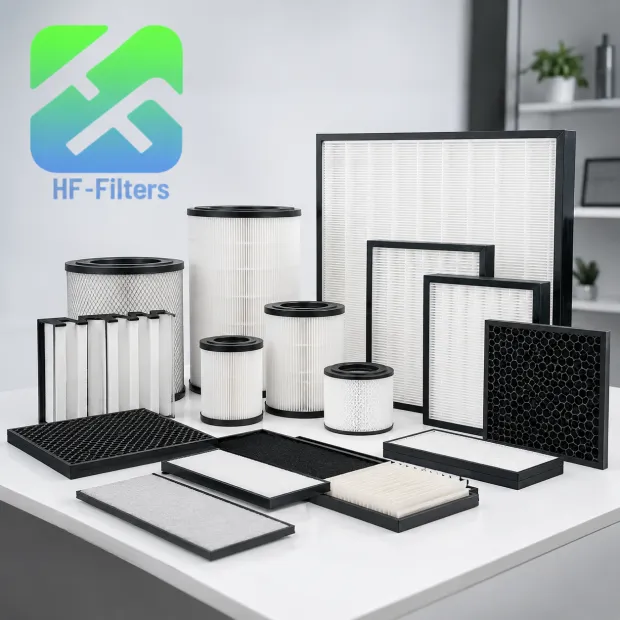 Various HEPA and activated carbon air filters arranged on a white table