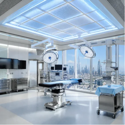 A modern surgical operating room with medical equipment and a view of the Dubai skyline