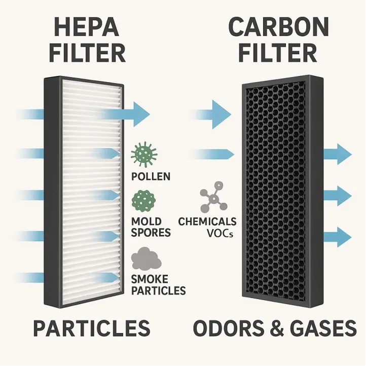 Comparison diagram of HEPA and Carbon air filter functions