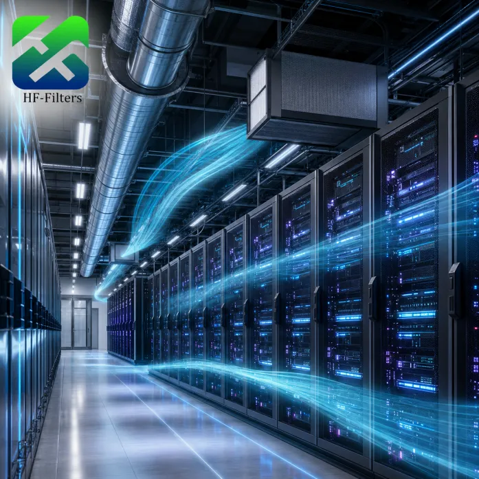 Data center aisle with glowing blue airflow streams illustrating server cooling