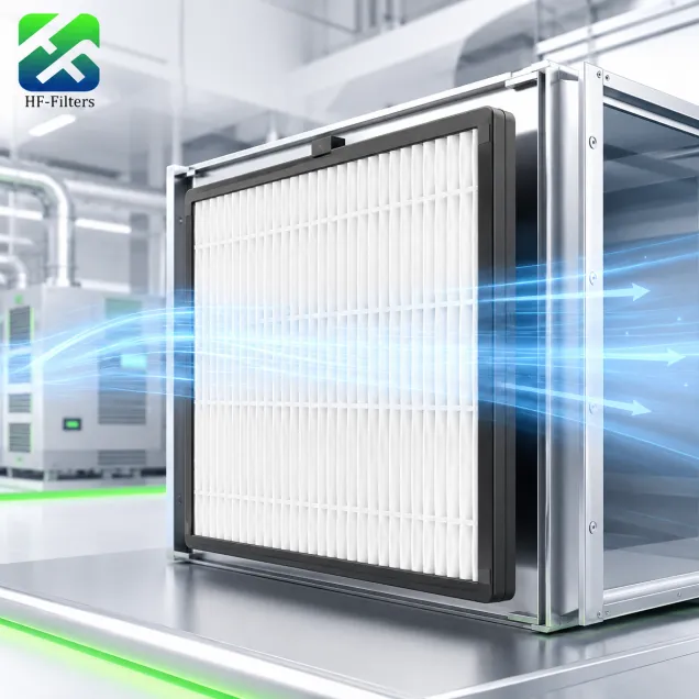 HF-Filters pleated panel air filter demonstrating glowing blue airflow streams passing through the media