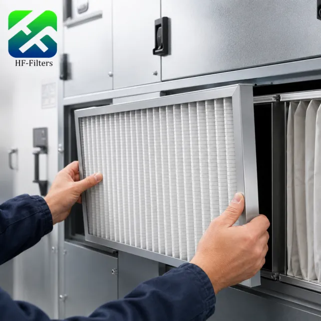 Technician installing an aluminum frame air filter into an HVAC unit