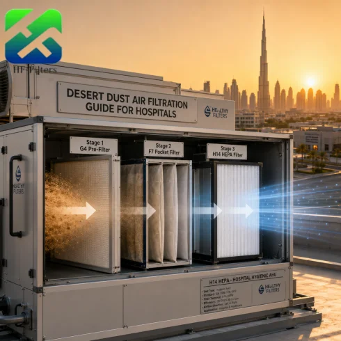 Three-stage hospital air filtration unit for desert dust, featuring G4, F7, and H14 HEPA filters