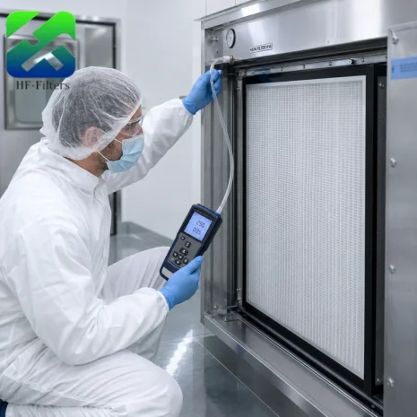 Cleanroom technician testing H14 HEPA filter airflow and pressure drop
