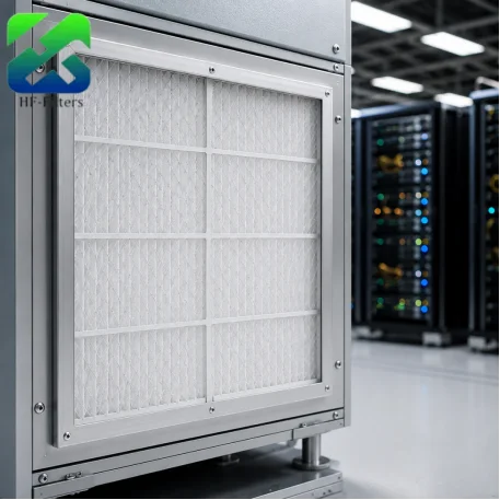 Close-up of a white pleated panel air filter in a metal frame inside a modular data center