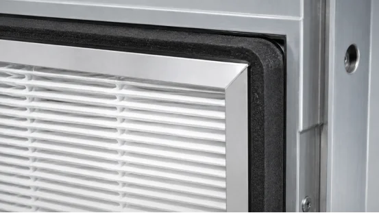 Close-up of mini-pleat HEPA filter with gasket seal in metal frame