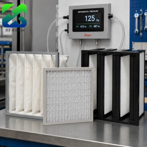 HVAC pocket, panel, and V-bank filters with a differential pressure gauge