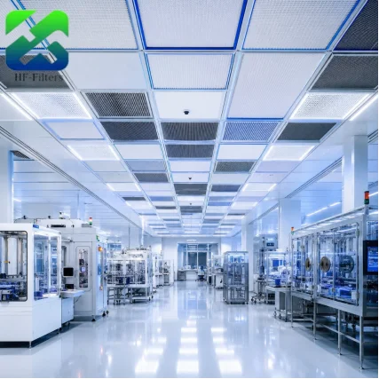 Industrial cleanroom facility with ceiling air filtration system