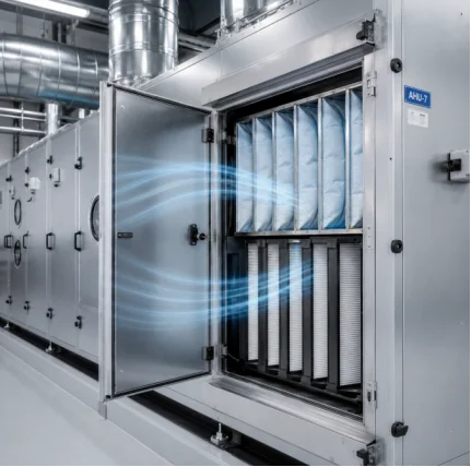 Open air handling unit showing installed pocket and V-bank air filters