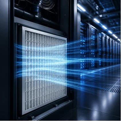 Pleated HVAC air filter showing glowing blue airflow lines in a high-tech data center