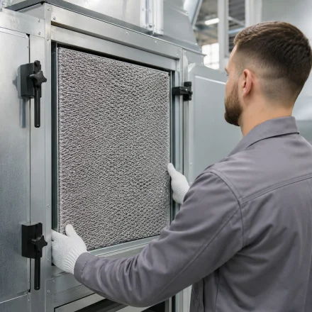 Technician installing a custom-sized aluminum mesh filter into an industrial air handler