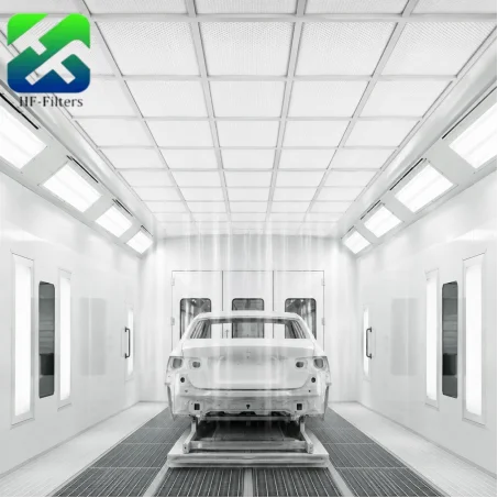 Technician installing paint booth ceiling filter SOP