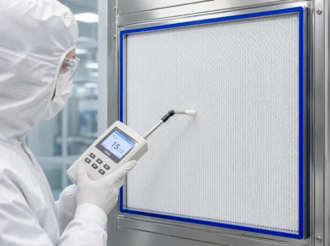Technician performing HEPA filter leakage testing