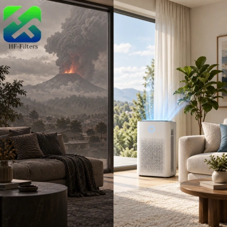 Air purifier filtering volcanic ash smoke for clean indoor air