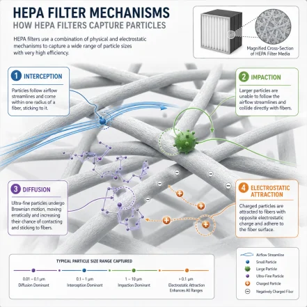 HEPA filter filtration mechanisms diagram