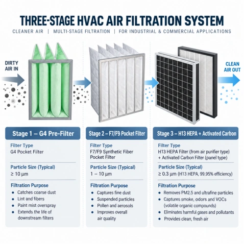 Three-stage HVAC air filtration system diagram