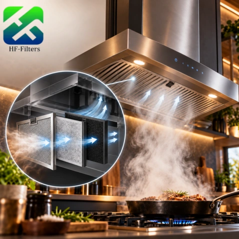 Kitchen exhaust airflow through grease and carbon filter stages