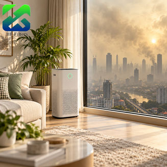 Air purifier running indoors beside a window overlooking city haze