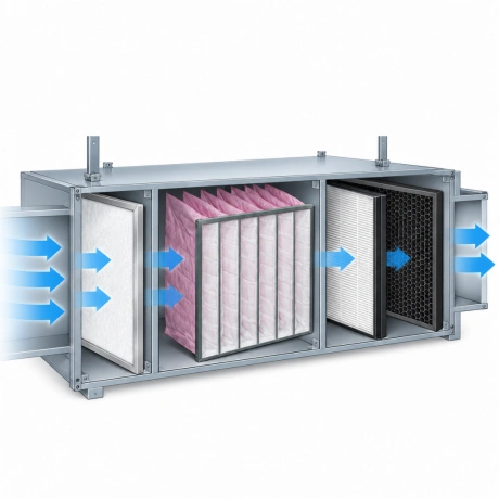 Air filtration system schematic with directional airflow